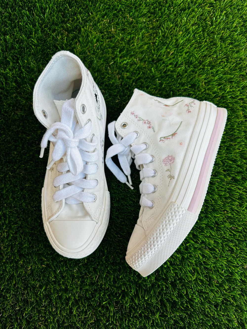 Converse White High-Top Sneakers with Pink Floral Accents